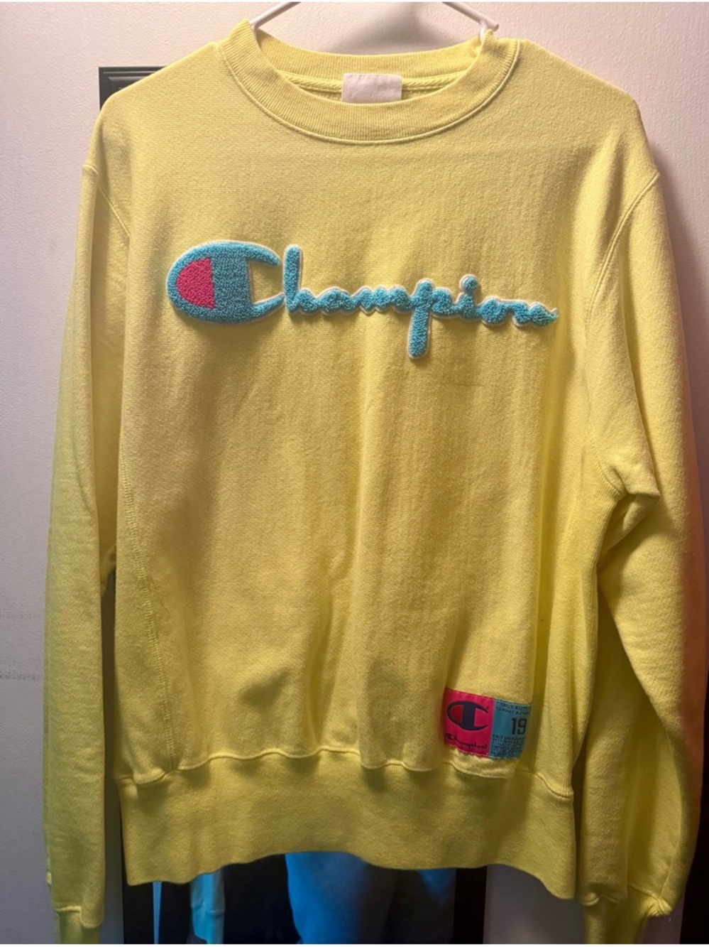 Champion Reverse Weave Men’s Yellow Crewneck with Teal and Pink Logo